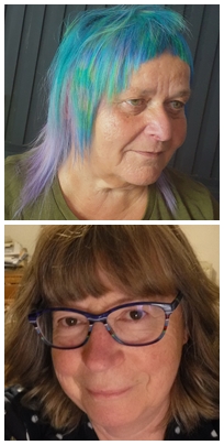 A picture of two women. The woman at the top has bright blue hair. The woman on the bottom has brown hair and glasses.