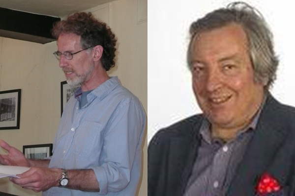 A photo of two men On the left - a man with dark hair, glasses and a grey beard is wearing a blue shirt and reading from a book. On the right a man with grey hair wearing a dark blazer and grey shirt against a white background.