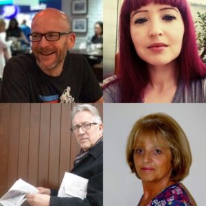 Top Left - Bald man with glasses 
Top right - woman with dyed purple-red hair.
Bottom Left - Man with grey hair and glasses.
Bottom Right - Woman with blonde hair. 